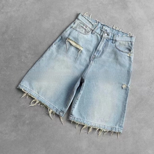 New Design Sense Ripped Burr Denim Shorts American Retro Washed Casual Loose Shorts ARZ