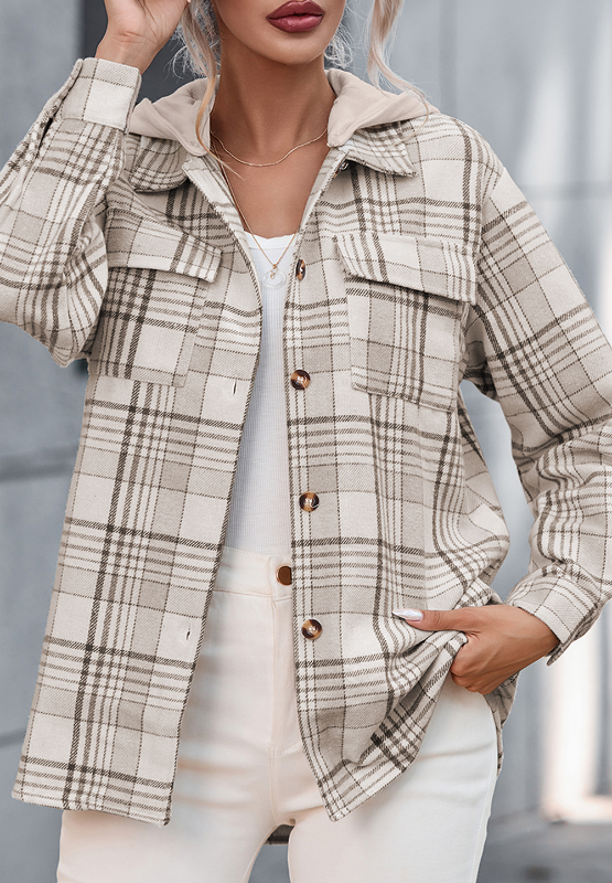 Plaid Removable Hood Button Up Shacket Trendsi