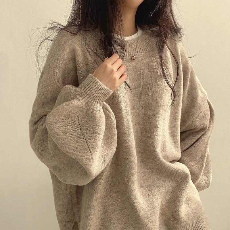 Temperament Crew Neck Pullover Lantern Sleeve Loose Sweater For Women ARZ