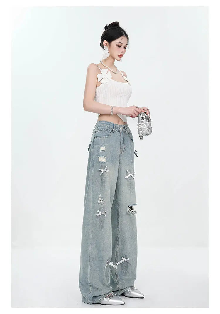 Women's Bow Wide Leg Retro Ripped Straight Jeans ARZ