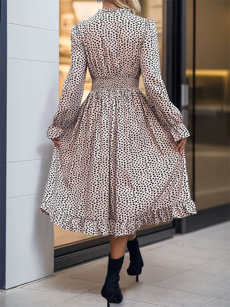 Perfee Ruched Ruffled Leopard Long Sleeve Dress Trendsi