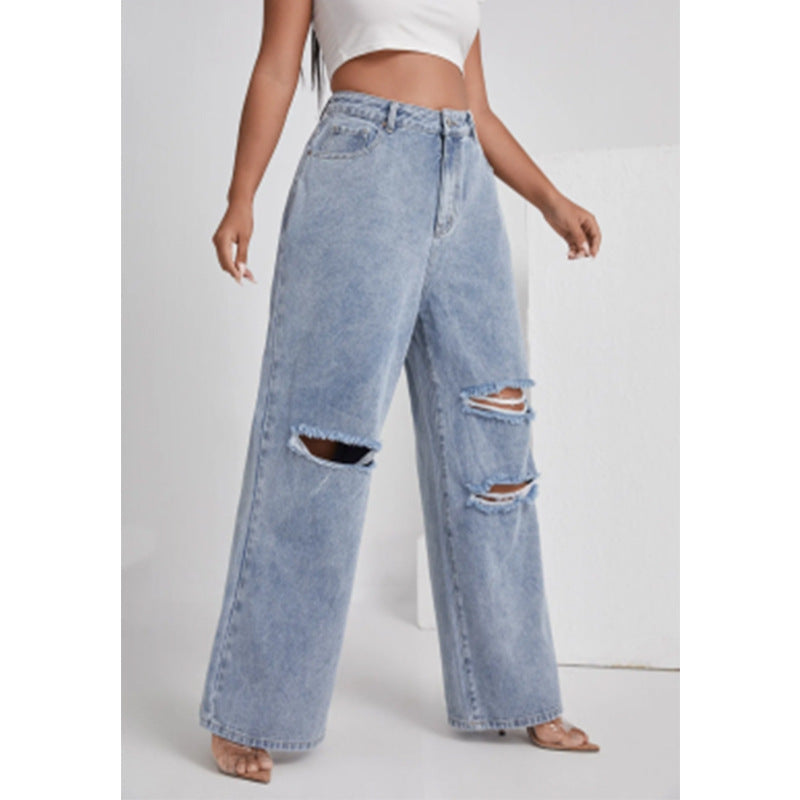 Women's Denim With Hole High Waist Straight-leg Pants ARZ