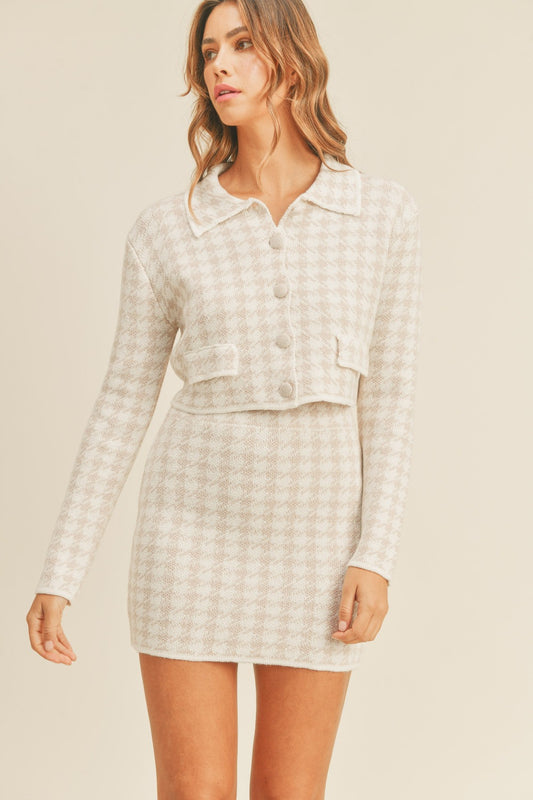 MABLE Houndstooth Cropped Knit Cardigan and Mini Skirt Set Trendsi