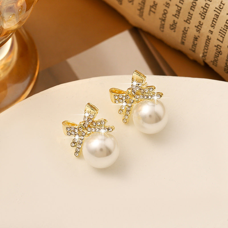 Rhinestone Pearl Ear Studs High Sense Sterling Silver Needle Ornament ARZ