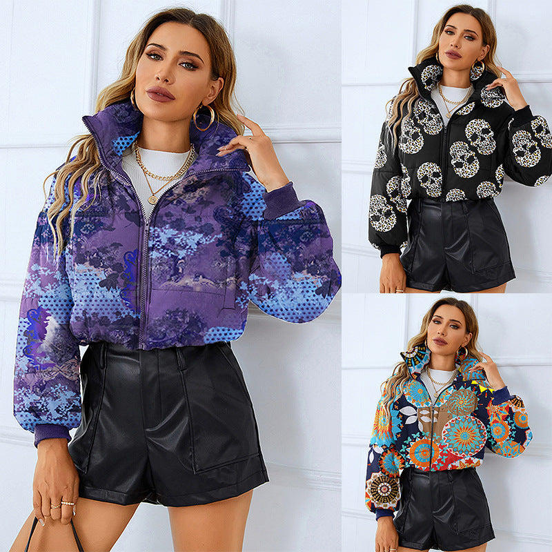 Fashion Bread Coat Women Print Stand Collar Short Coat Winter Jacket ARZ