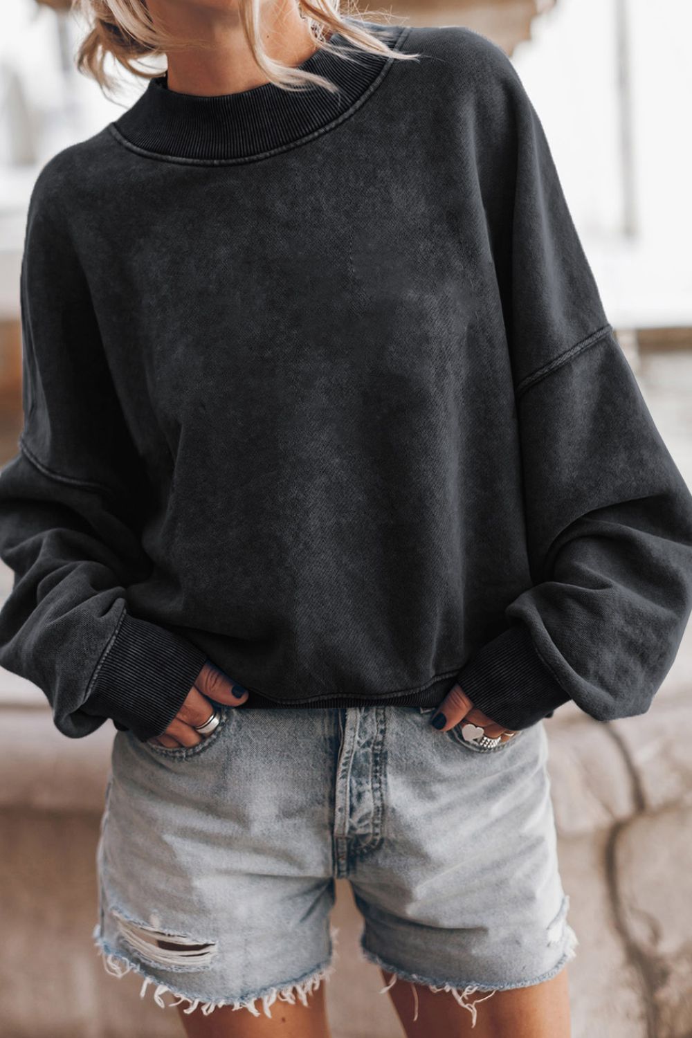 Mock Neck Dropped Shoulder Sweatshirt Trendsi