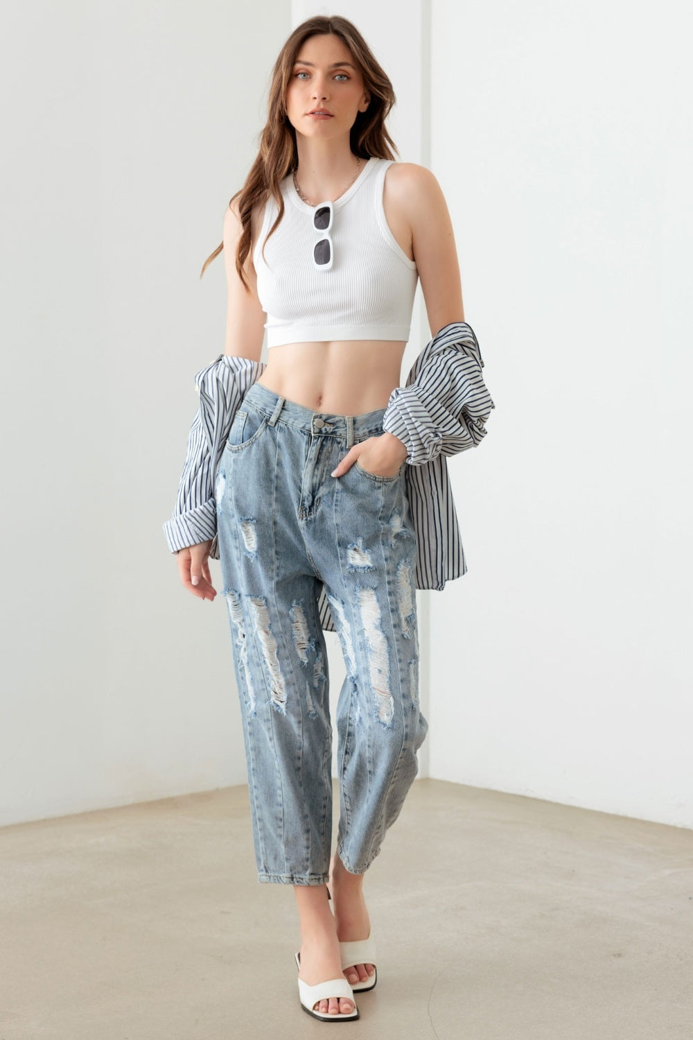 Litz La Washed Barrel Leg High Waist Distressed Jeans Trendsi