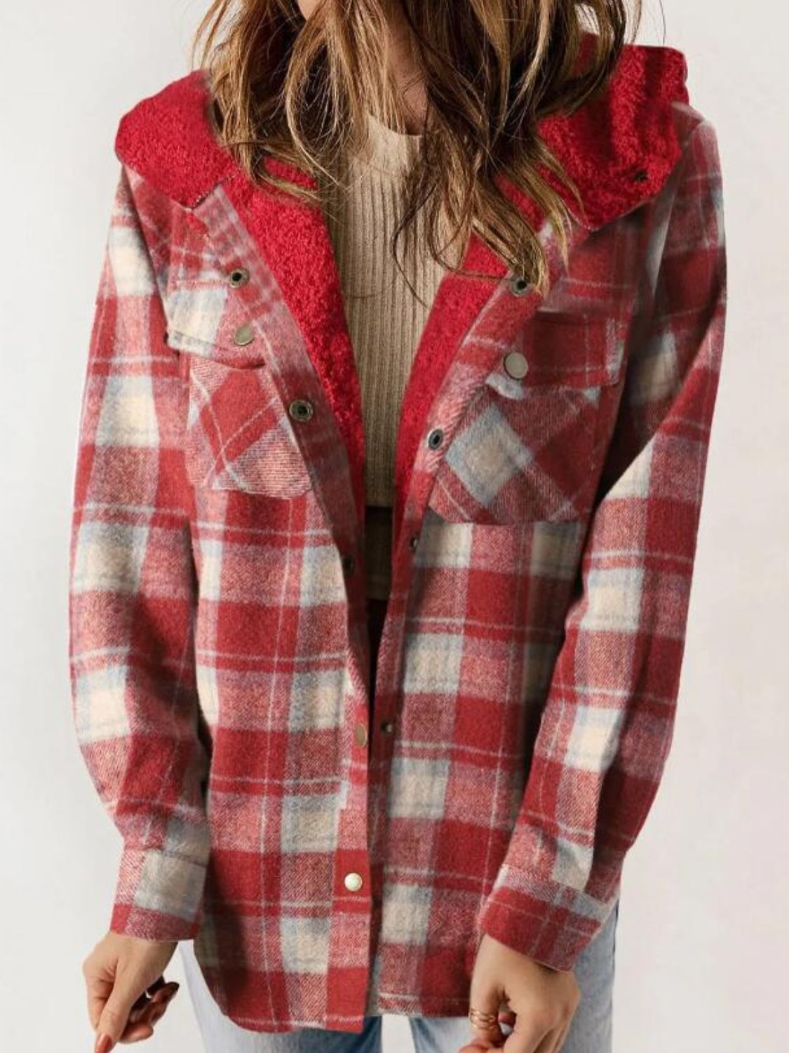 Plaid Snap Down Plush Hooded Jacket Trendsi