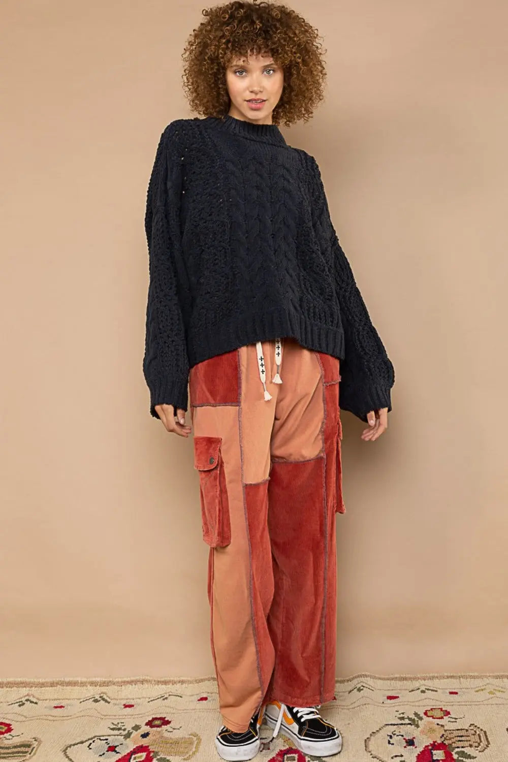 POL Mock Neck Cable Knit Sweater Trendsi