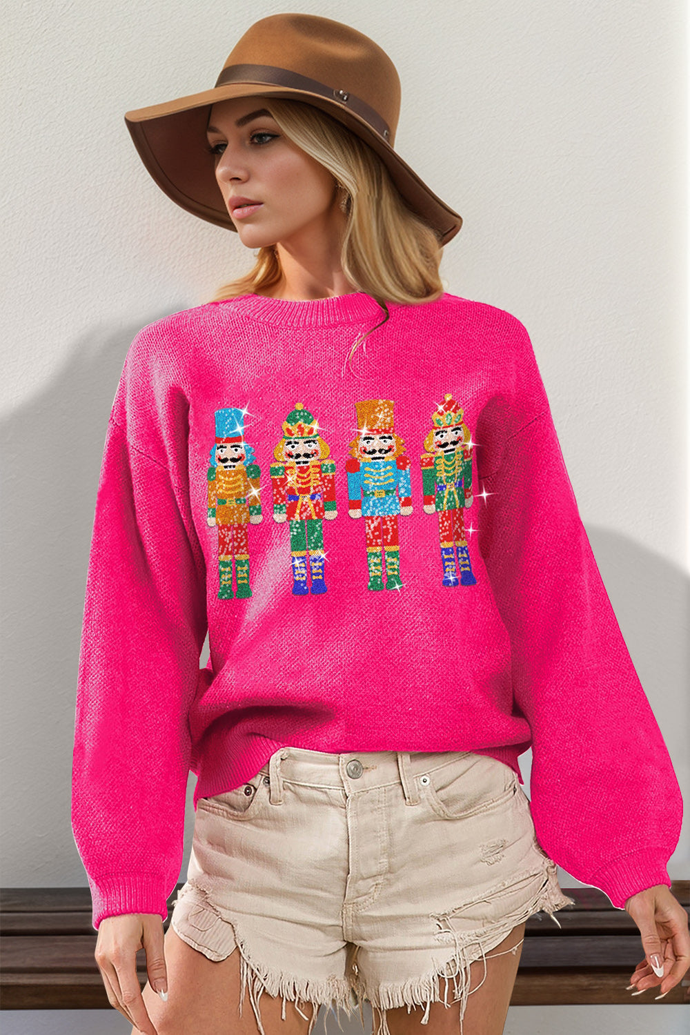 Double Take Full Size Sequin Nutcracker Long Sleeve Sweater Trendsi