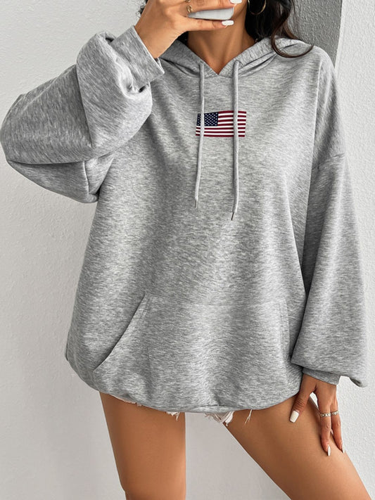 Devine Drawstring US Flag Long Sleeve Hoodie Trendsi