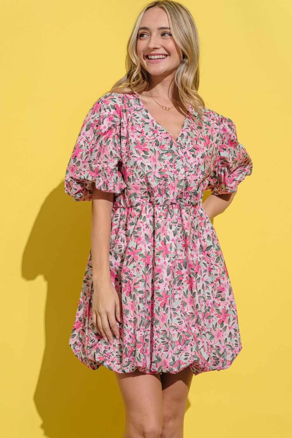 And The Why Full Size Floral Surplice Puff Sleeve Dress Trendsi