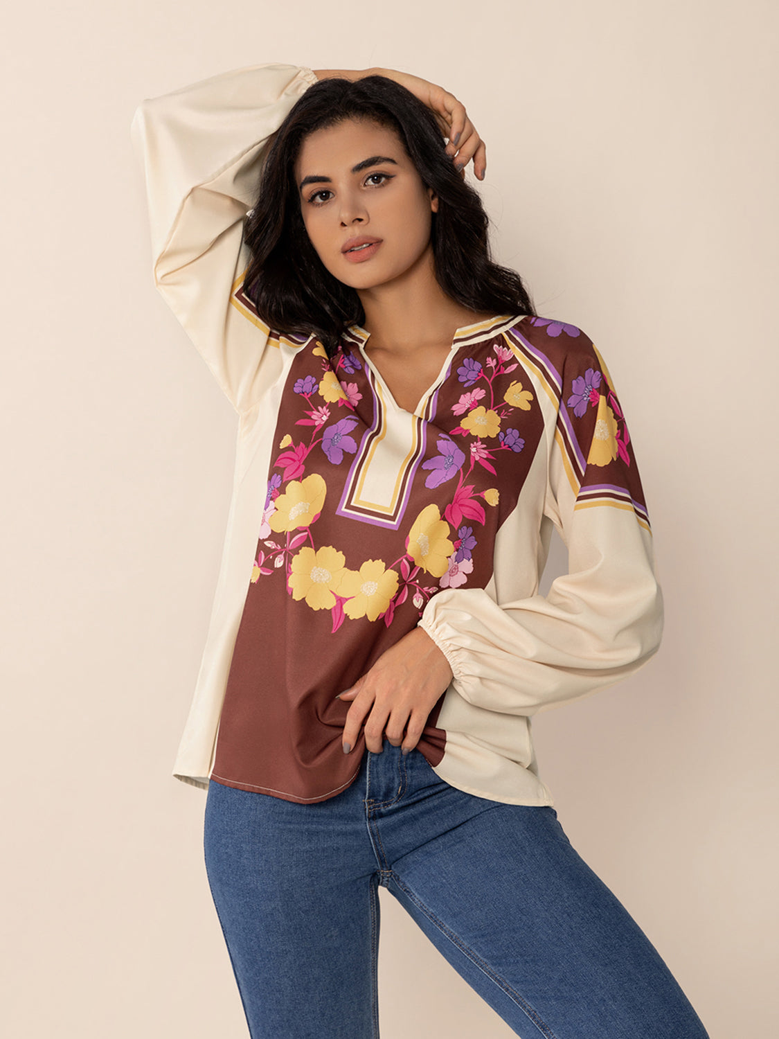 Printed Notched Long Sleeve Blouse Trendsi