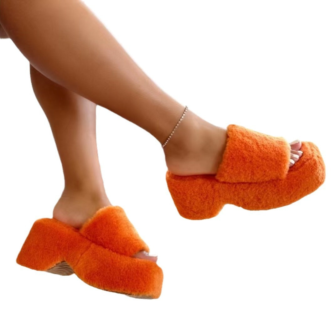 Square Head Fleece-lined Thick Slippers Warm Women ARZ