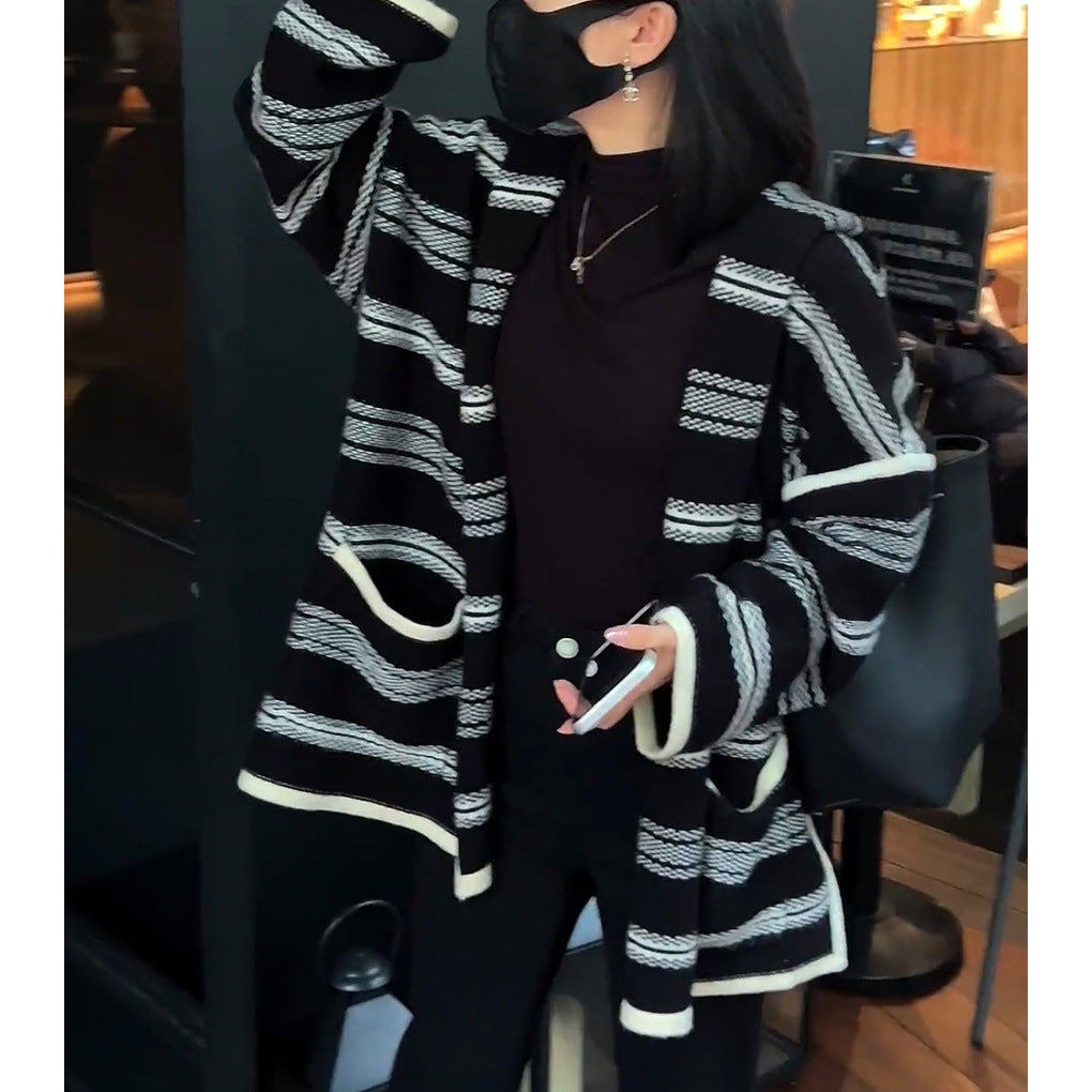 Striped Hooded Casual Mid-length Loose Sweater ARZ