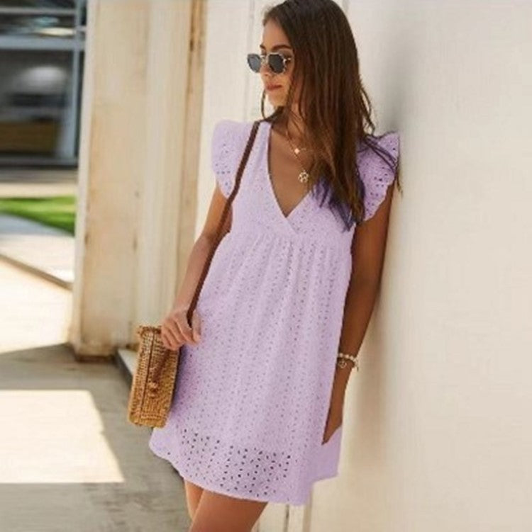 Summer V-neck Cotton Short Skirt Solid Color Dress ARZ