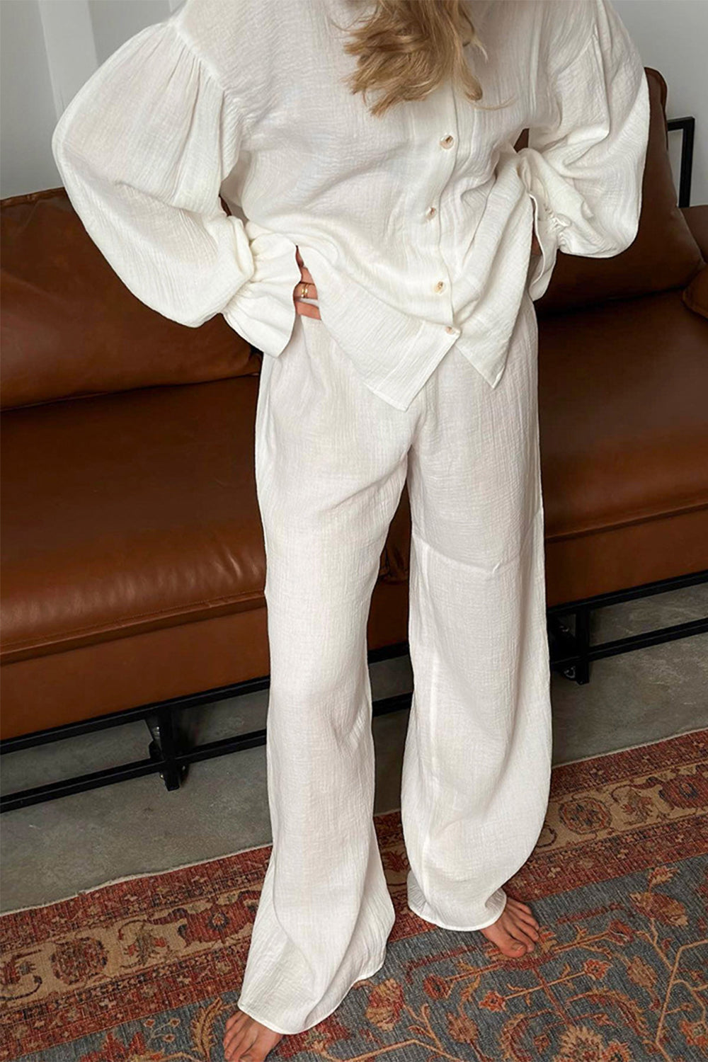 Breathable Ruffled V-Neck Long Sleeve Top and Pants Set Trendsi