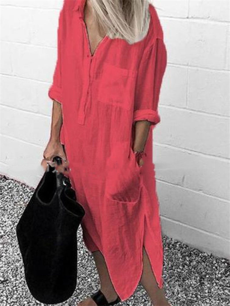 Elegant Solid Color Slit Dress Long Shirt Dress ARZ