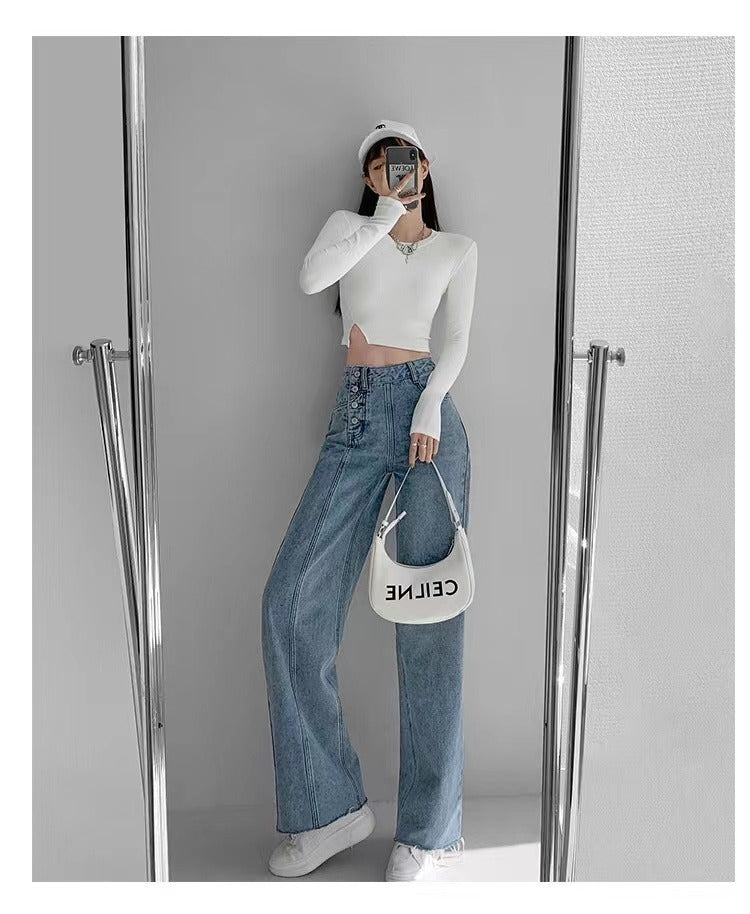 Irregular Breasted High Waist Jeans For Women Straight-leg Trousers ARZ