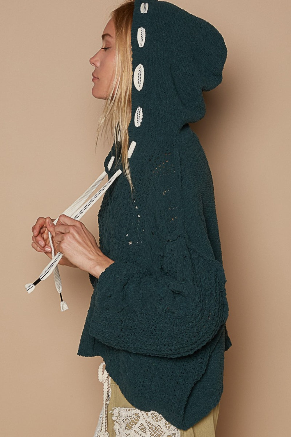 POL Cable Knit Hooded Chenille Sweater Trendsi