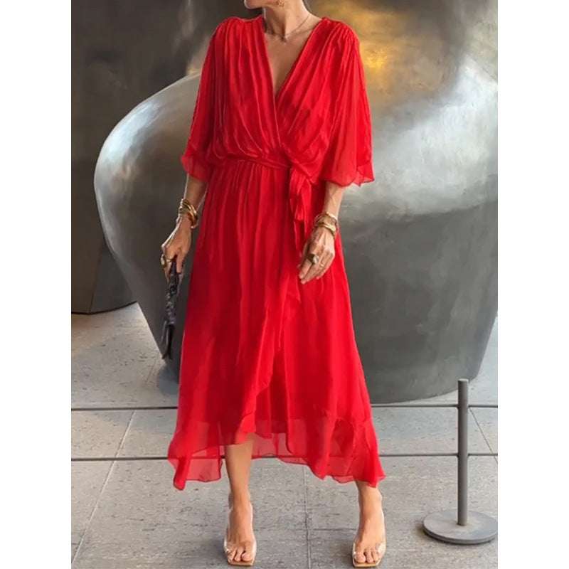 Batwing Sleeve V-neck Dress Summer Pure Color Tied Irregular Long Dresses Womens Clothing ARZ