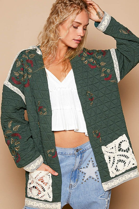 POL Embroidered Open Front Quilted Jacket with Crochet Pockets Trendsi