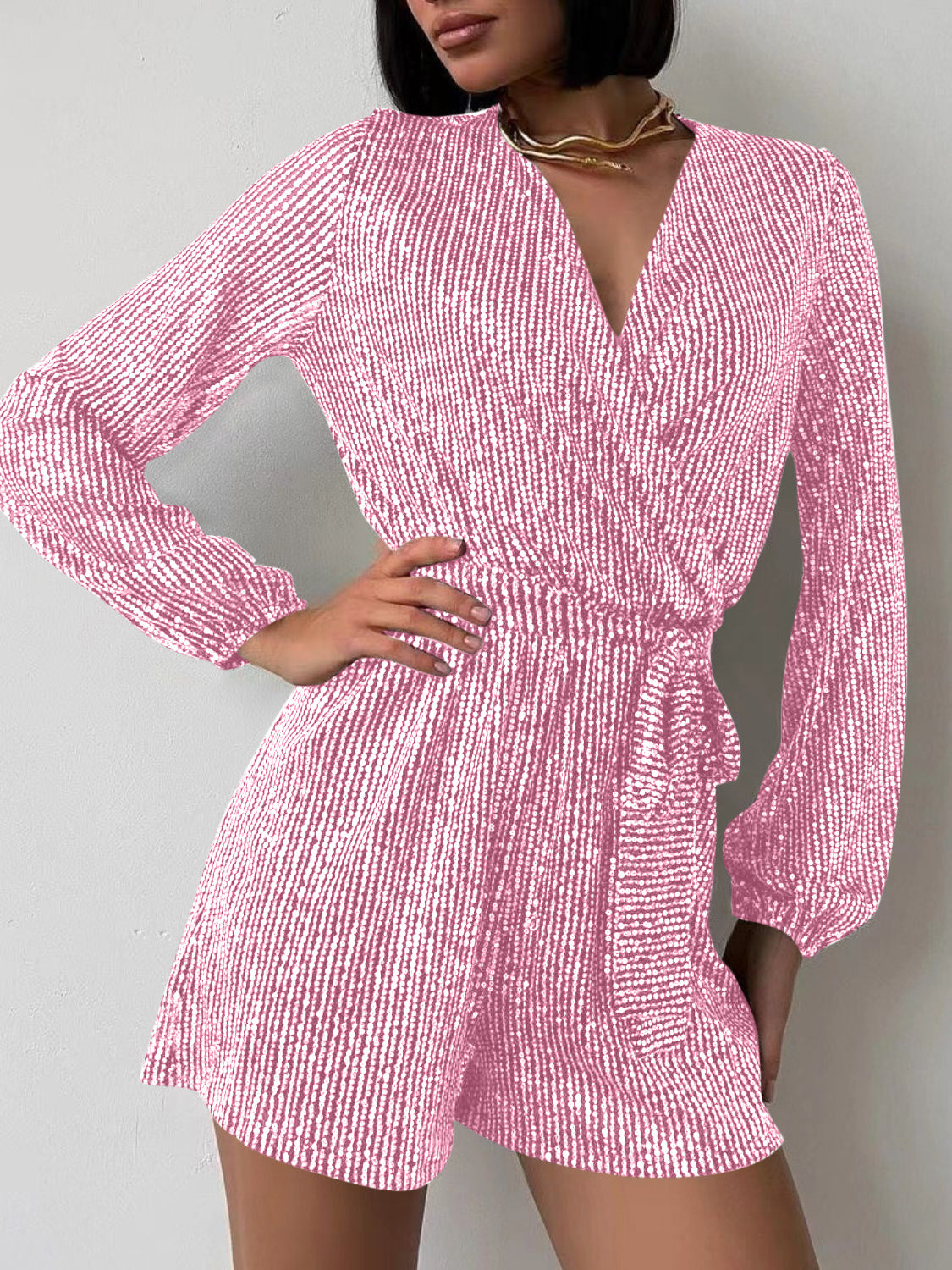 Full Size Sequin Surplice Tie Waist Long Sleeve Romper Trendsi