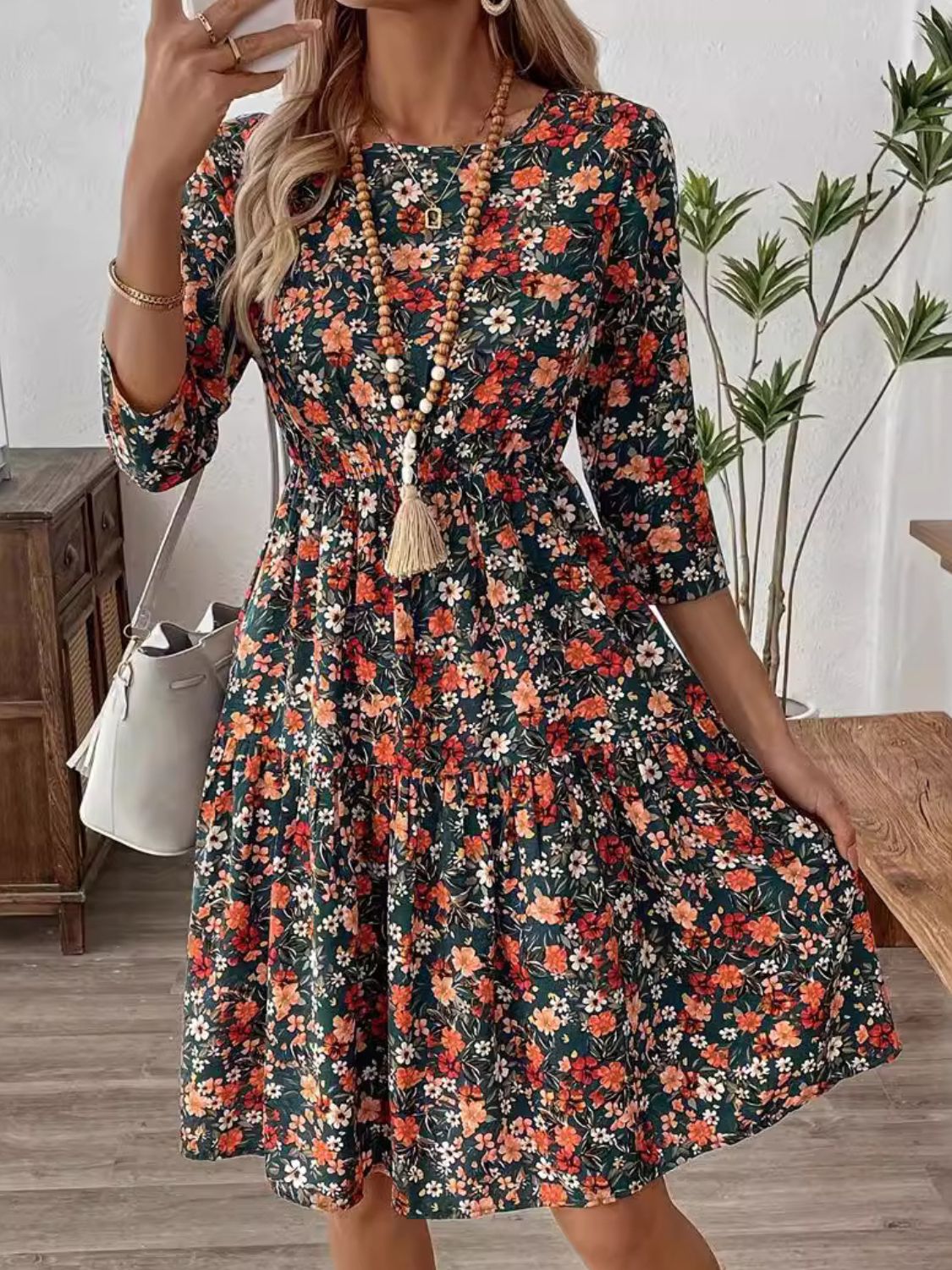 Frill Floral Round Neck Dress Trendsi