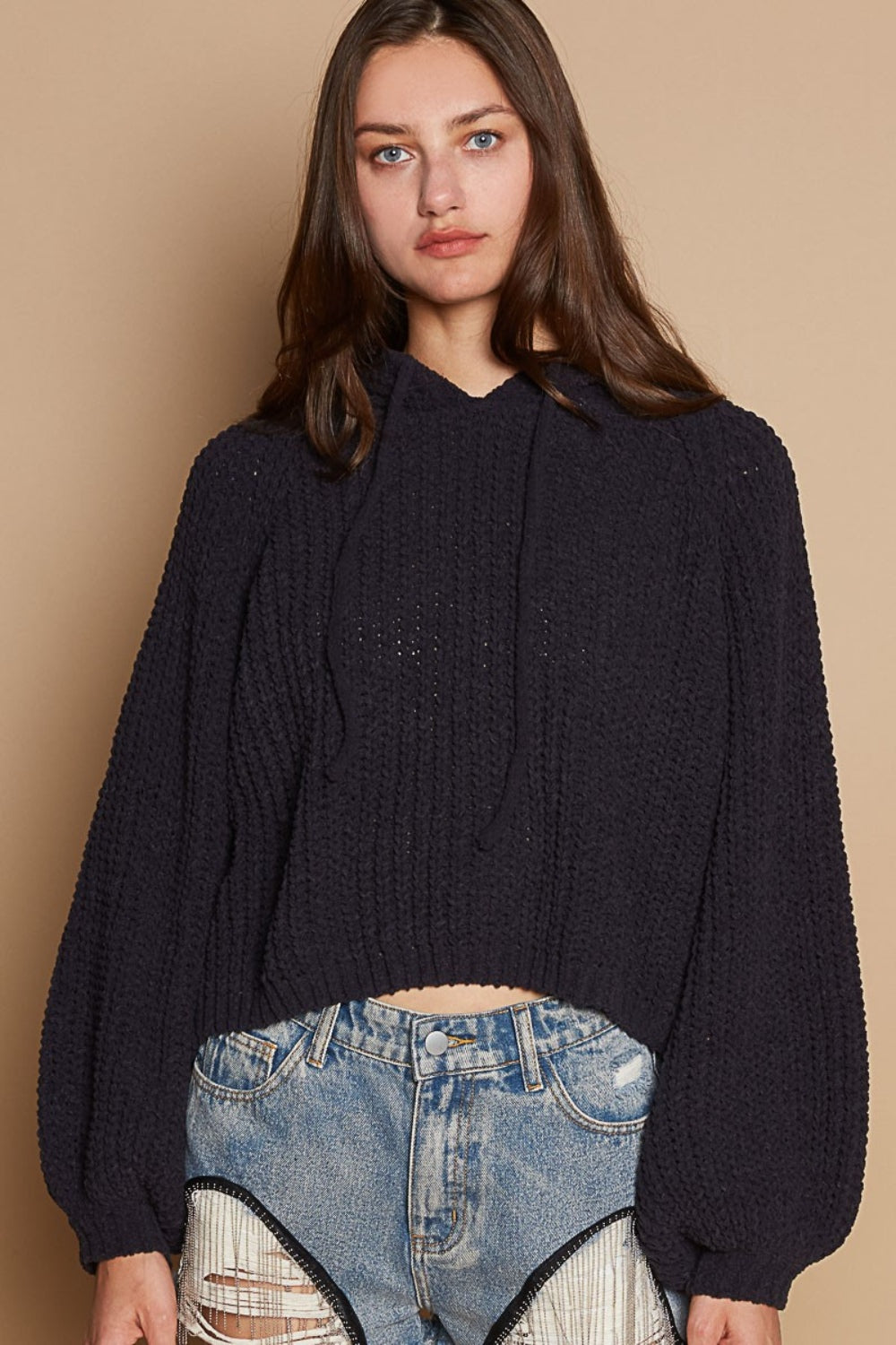 POL Back Open Slit Balloon Sleeve Crop Hooded Sweater Trendsi