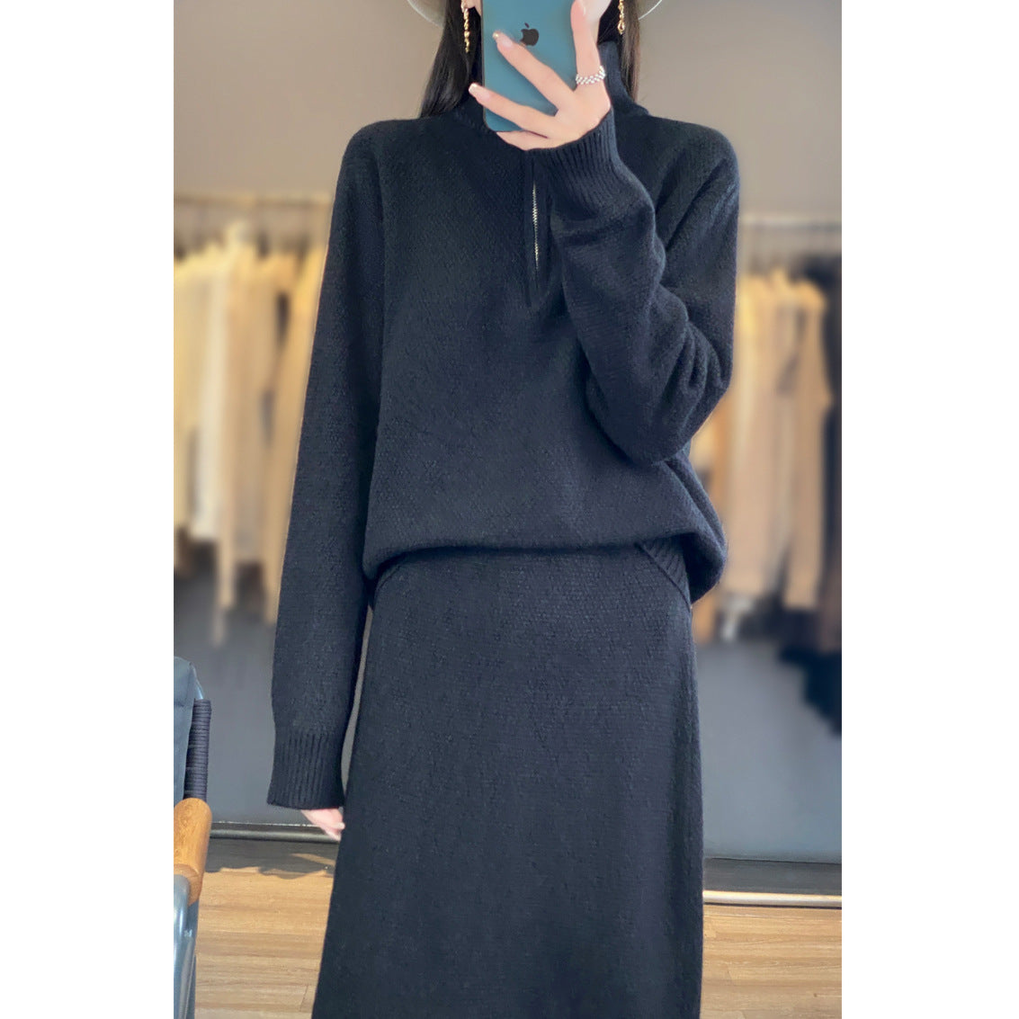 Half Zipper Turtleneck Two-piece Casual Thick Skirt Sweater Set ARZ