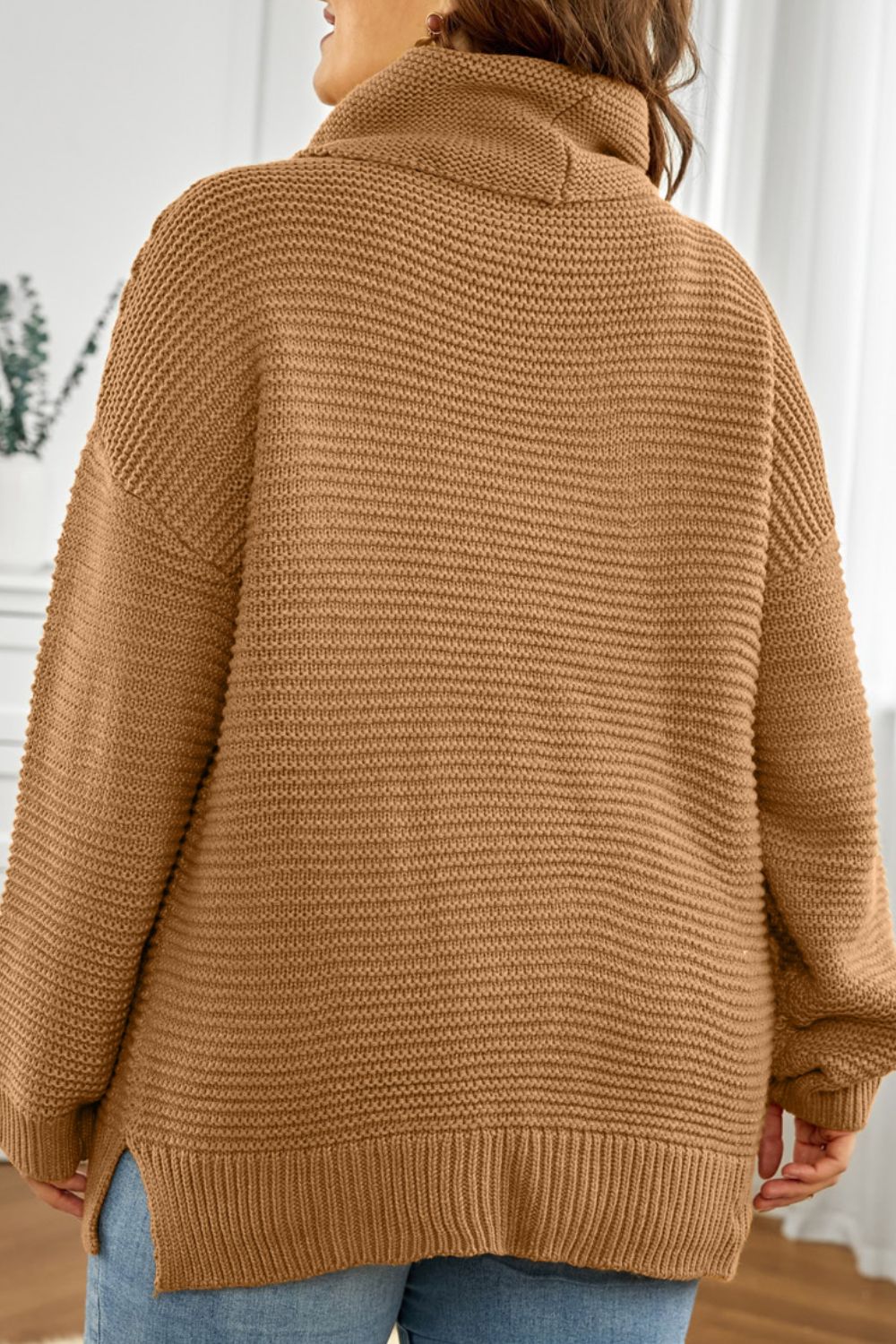 Side Slit Turtleneck Long Sleeve Sweater Trendsi