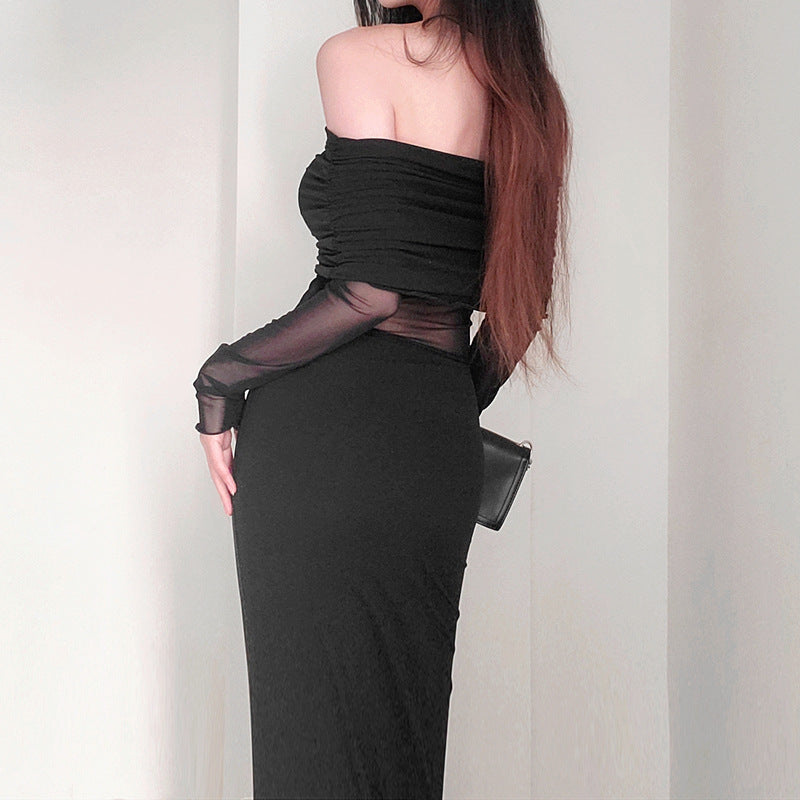 Women's Winter Sexy Off-the-shoulder Pleated Long Sleeve Polyester Dress ARZ