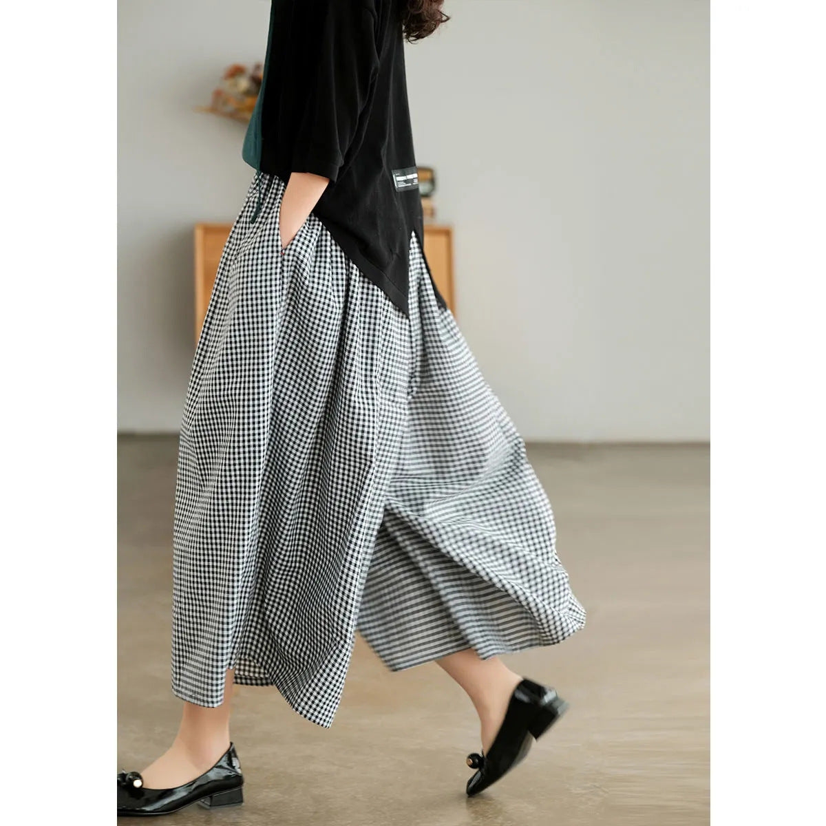 Plus Size Imitation Cotton And Linen Plaid Casual Cropped Pants For Women ARZ