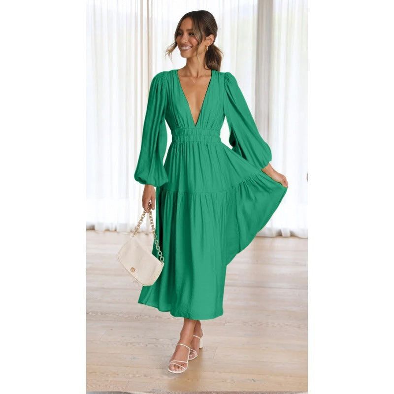 Waist Slimming Pleated Long Sleeved Small Dress ARZ