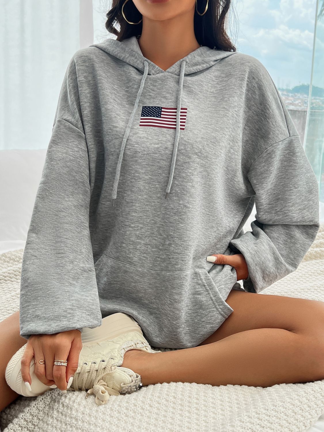 Devine Drawstring US Flag Long Sleeve Hoodie Trendsi