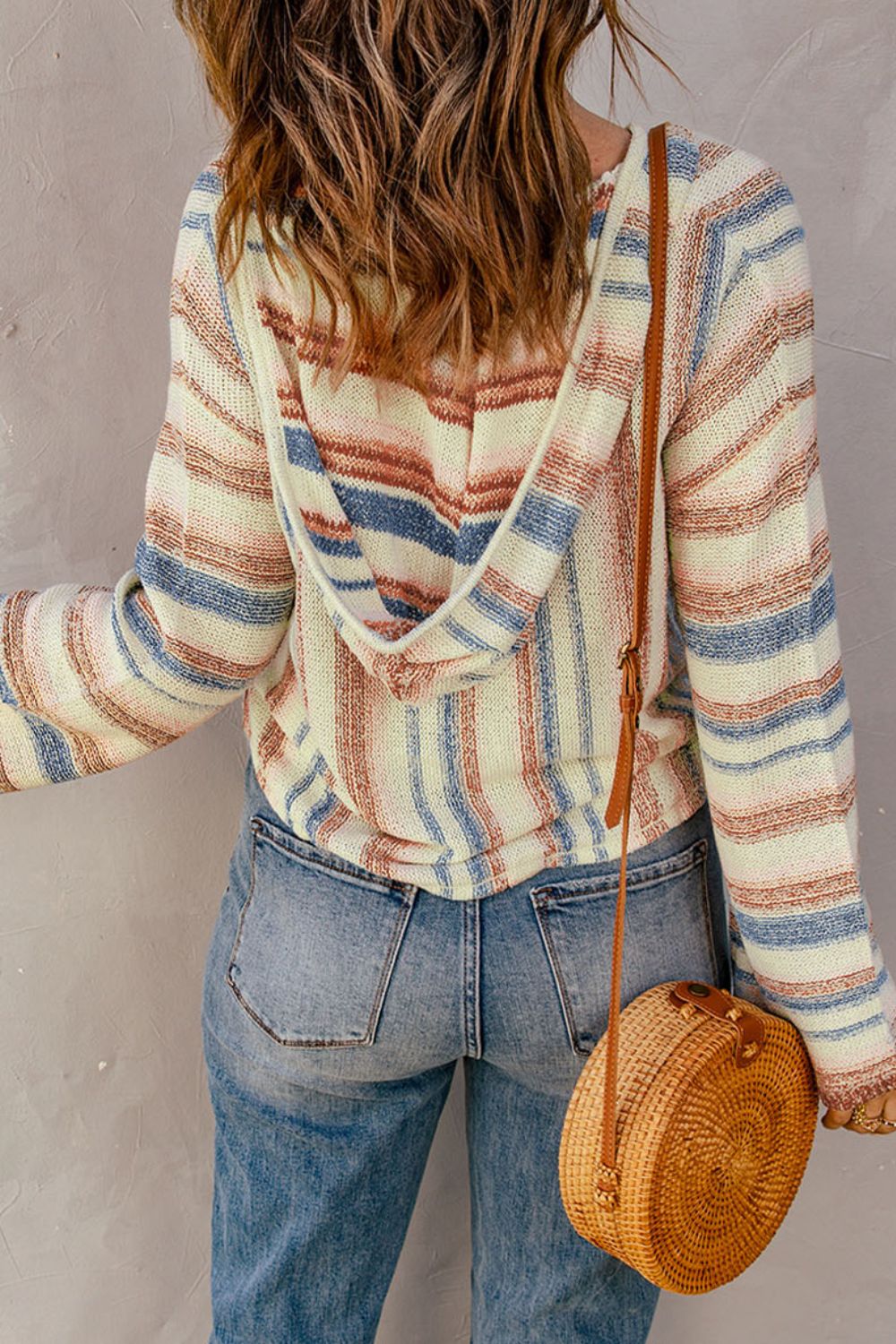 Contrast Striped Dropped Shoulder Hooded Knit Top Trendsi