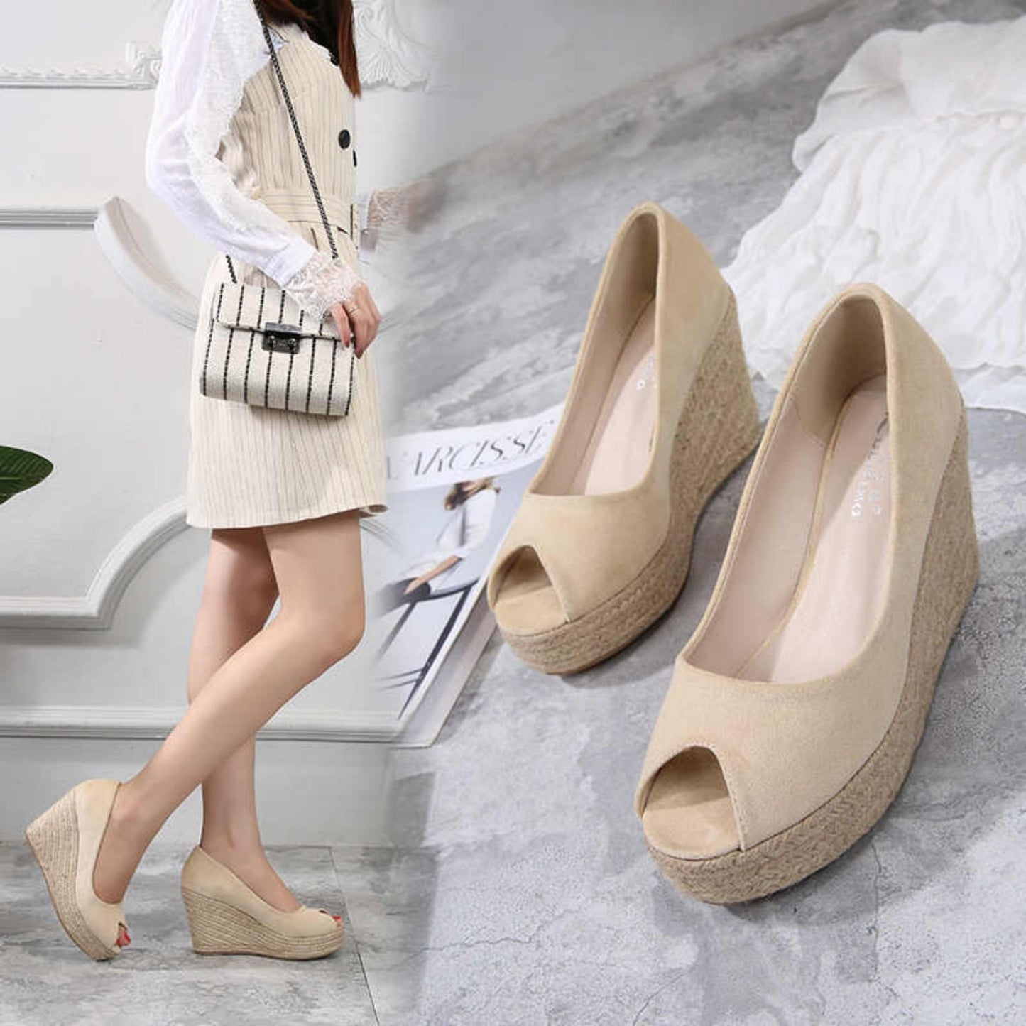 Korean Spring And Autumn Slope Heel Fish Mouth Shoes ARZ