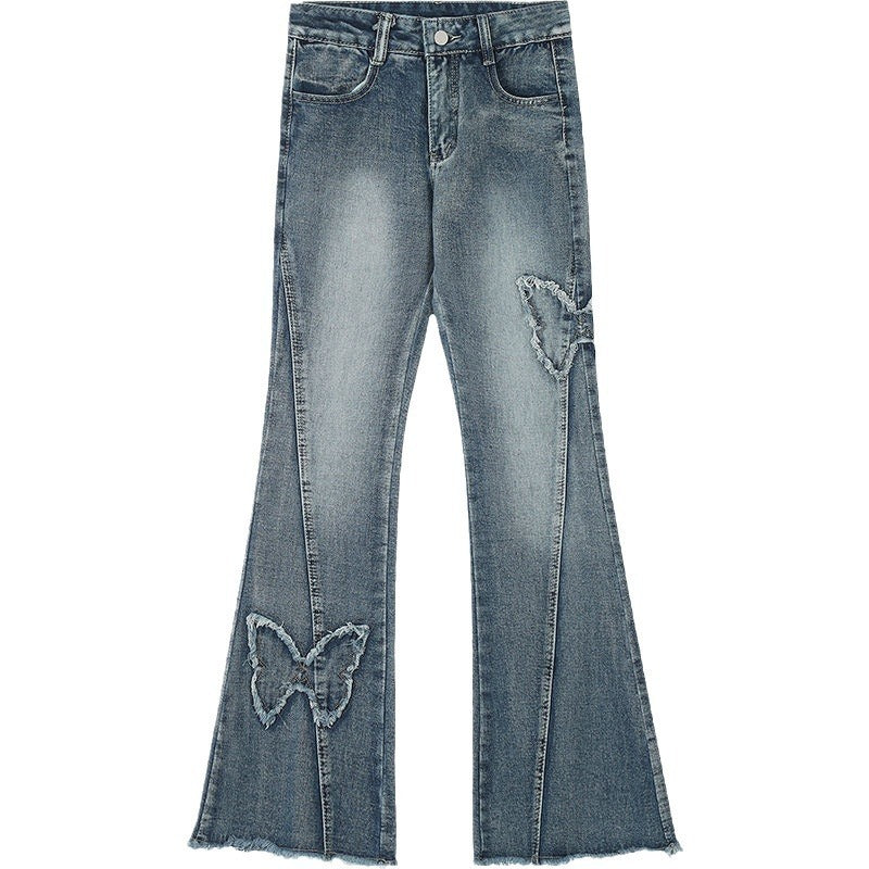 American Retro Butterfly Embroidery Slightly Flared Jeans Women ARZ