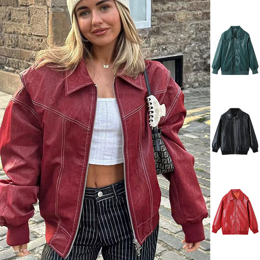 Loose Fashion Lapel Zip-up Jacket Cool Long Sleeve Zipper Closure Moto Biker Leather Jacket Womens Clothing ARZ