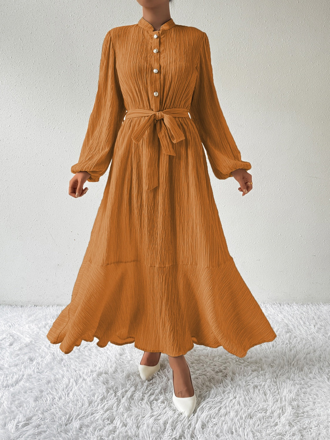 Honey Tie Waist Long Sleeve Dress Trendsi