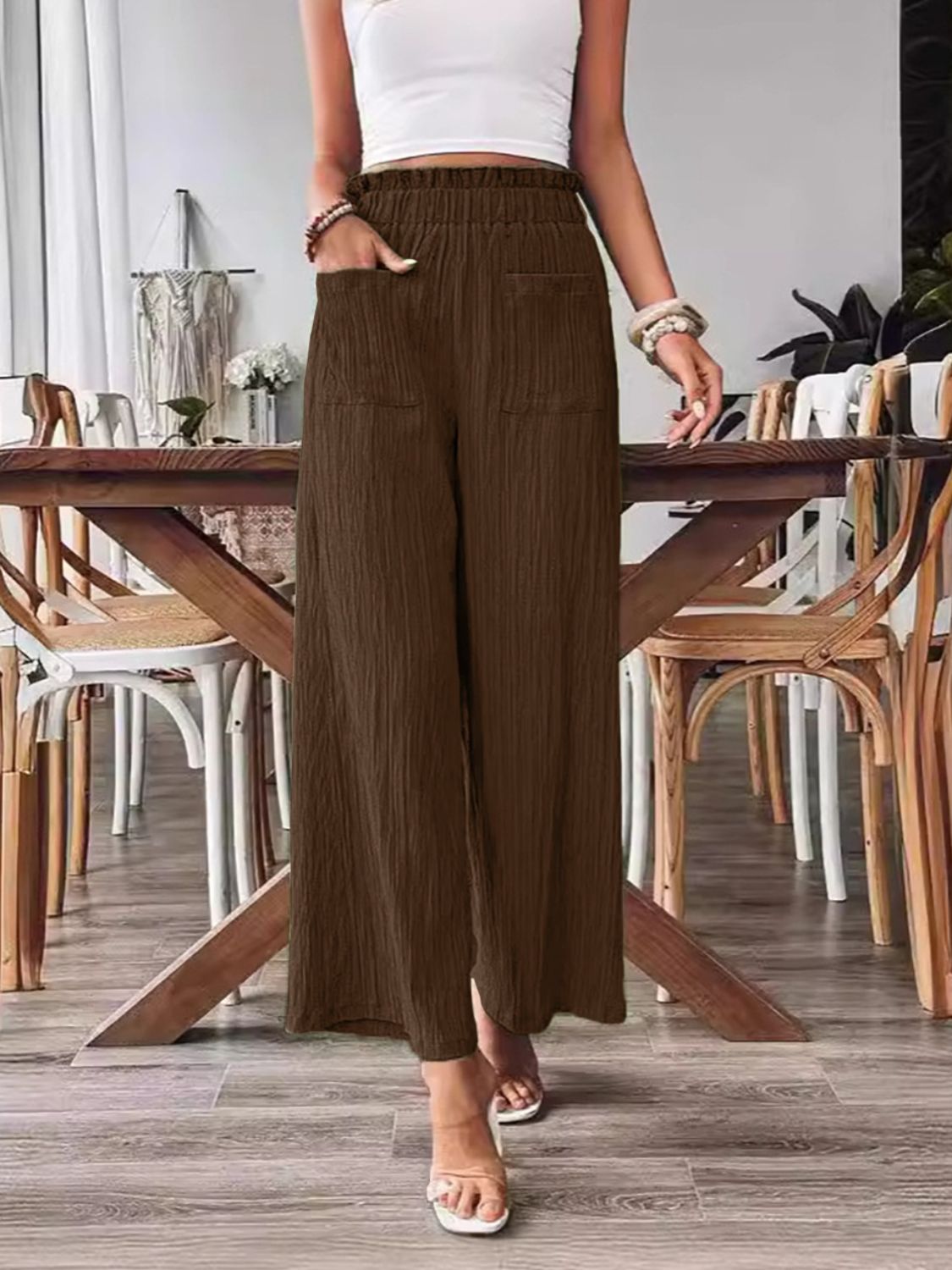 Pocketed Elastic Waist Wide Leg Pants Trendsi