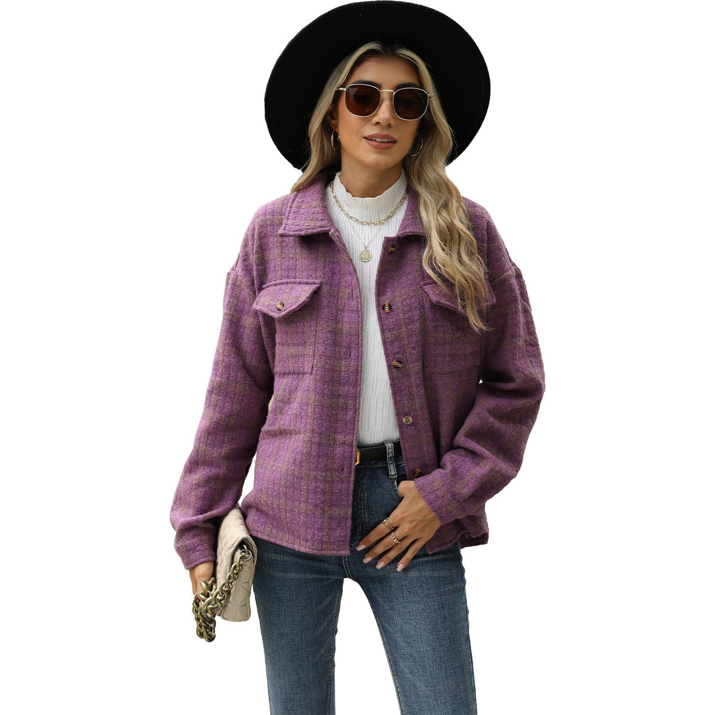 Women's Lapel Plaid Long Sleeve Baggy Coat ARZ