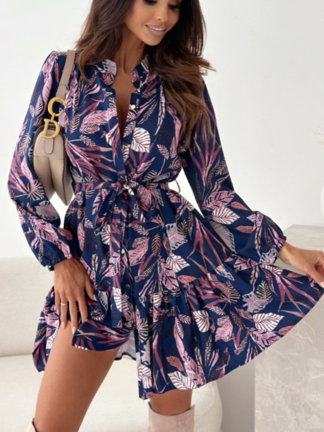 Ruffle Hem Floral Long Sleeve Dress Trendsi