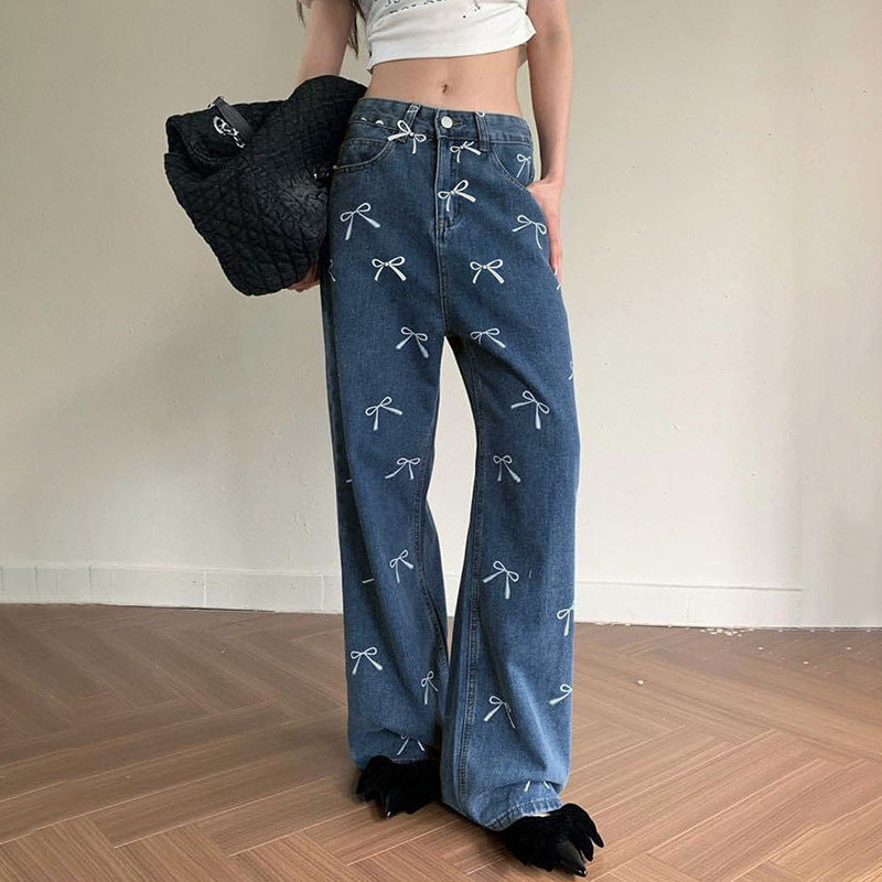 Girly Style Bow Vintage Print Loose Jeans ARZ