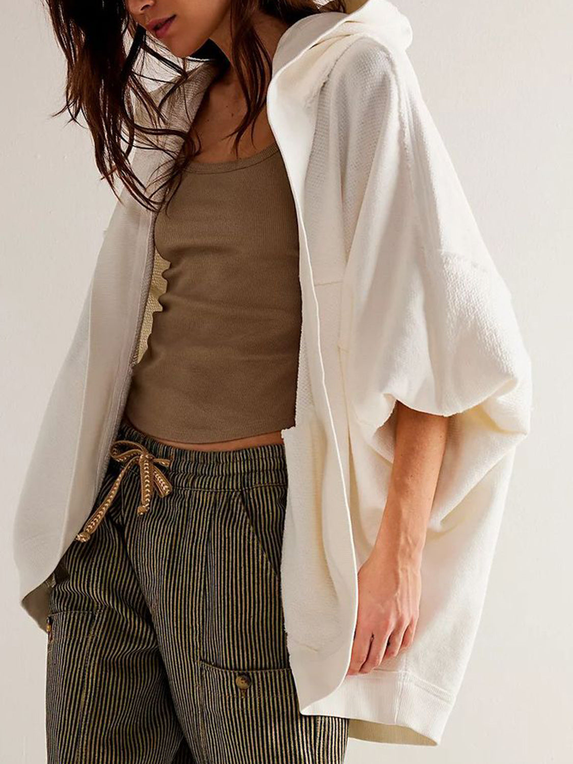 Exposed Seam Open Front Batwing Sleeve Hooded Cardigan Trendsi