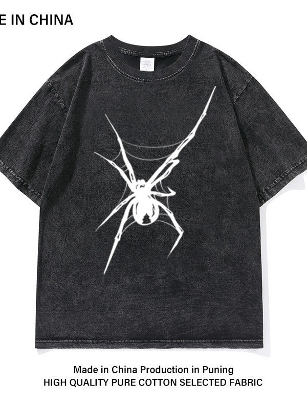 Washed Old Heavy Cotton T-shirt Spider Print ARZ