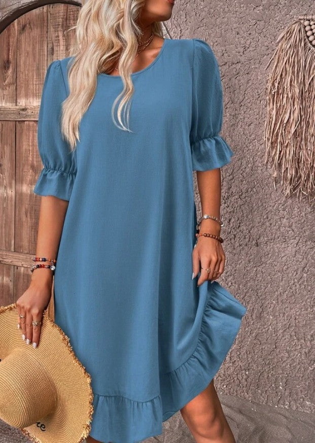 Fashion Ruffle Short-sleeved Dress Summer Solid Color Round Neck Loose Straight Dresses Womens Clothing ARZ