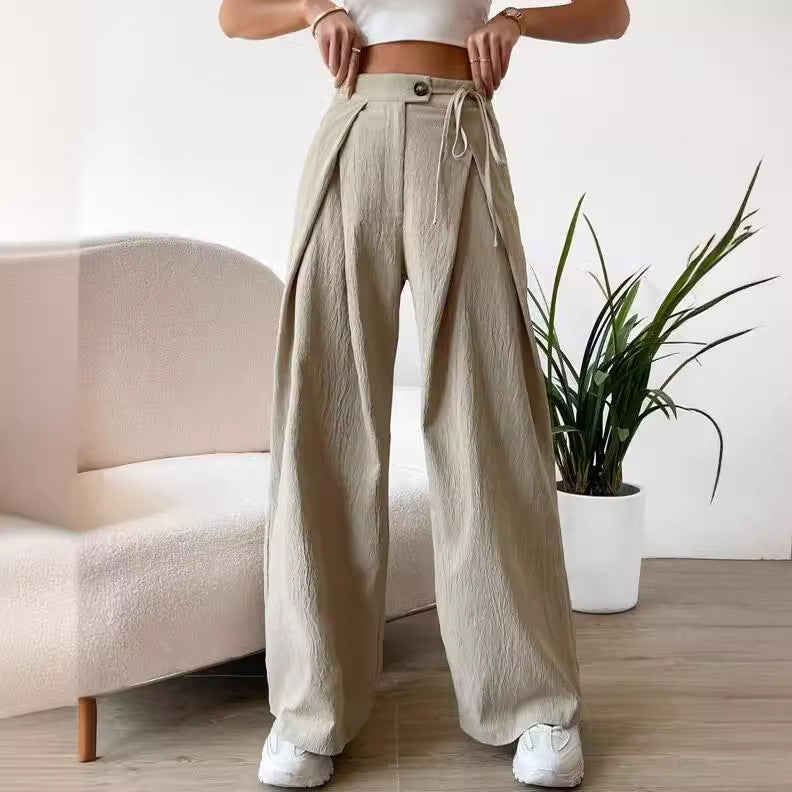 Women's High Waist Drawstring Patchwork Wide-leg Pants Casual Straight Pants ARZ