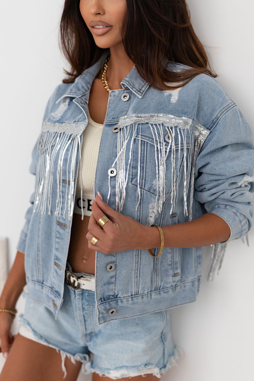 Sequin Fringe Trim Distressed Button Up Denim Jacket Trendsi