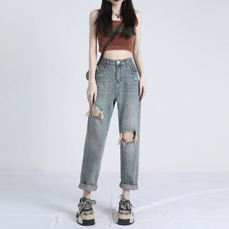 Ripped Daddy Jeans For Women Spring And Autumn 2024 New High Waist Loose Small ARZ